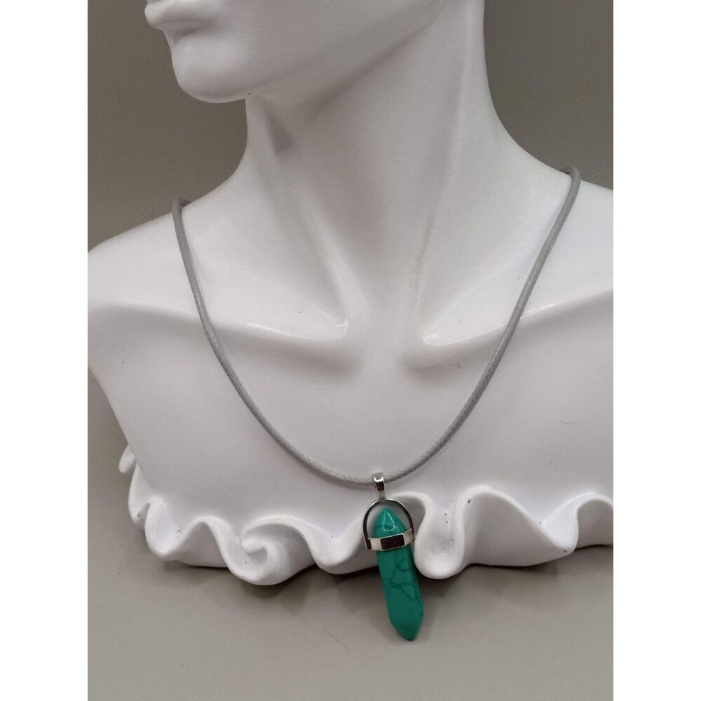 Turquoise Pointed Stone Pendant Necklace Set in Silver Toned Setting Gray Cord